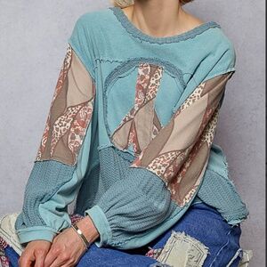 POL Blue and Beige Patchwork Long Sleeve Top
